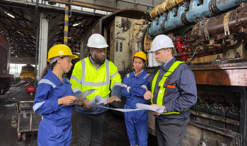 Industrial Engineer in Hard Hat Wearing Safety Jacket Walks Through Heavy Industry Manufacturing Factory with Various Metalworking Processes.